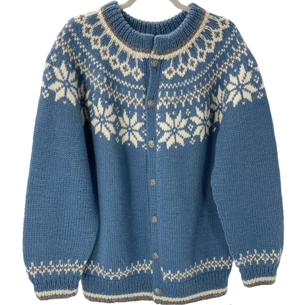 Dale Of Norway XL Fair Isle Wool Sweater Cardigan Blue Pewter Buttons